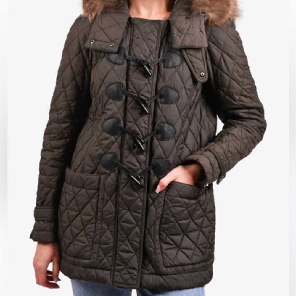 Burberry Brit Coat Jacket Zip Up Faux Fur Trim Hood Size Small Women’s Green